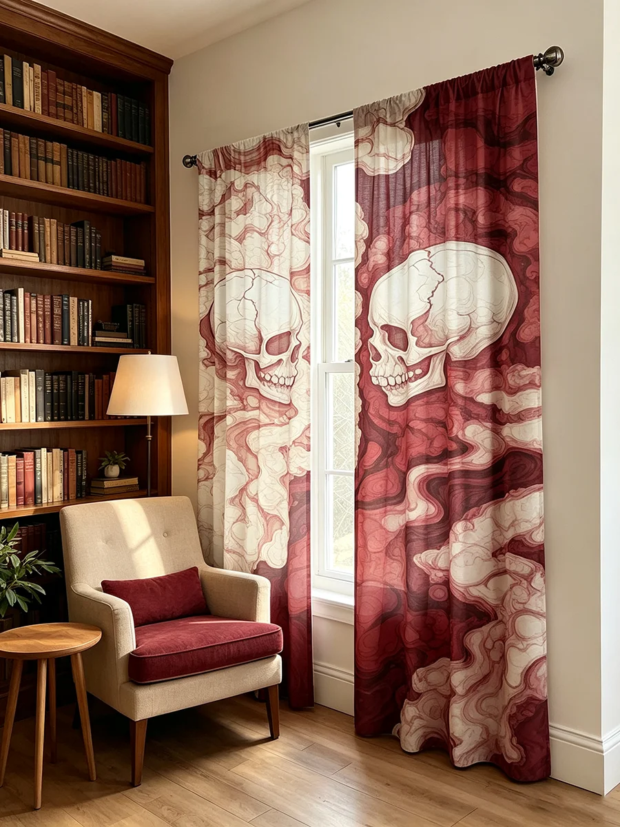 2PCS Red Smoke Skull Print Curtains, Gothic Horror Window Drapes for Bedroom Game Room Home Decor
