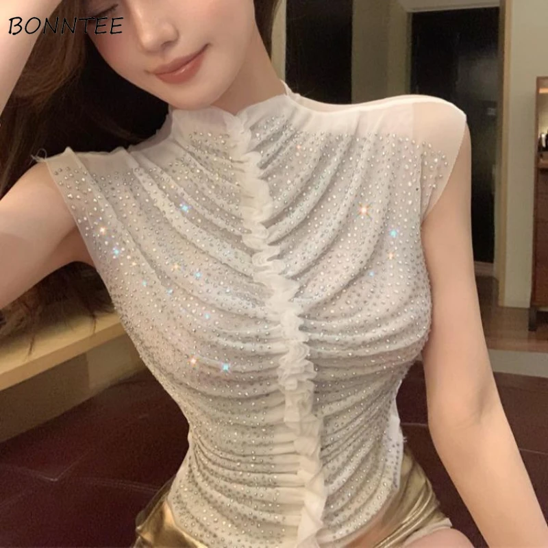 Kamizelki bez rękawów z dżetami Damskie Półgolf Falbany Wąskie Siateczkowe Topy Y2k Pikantne Dziewczyny Koreański Styl Letnia Odzież Uliczna Szyk