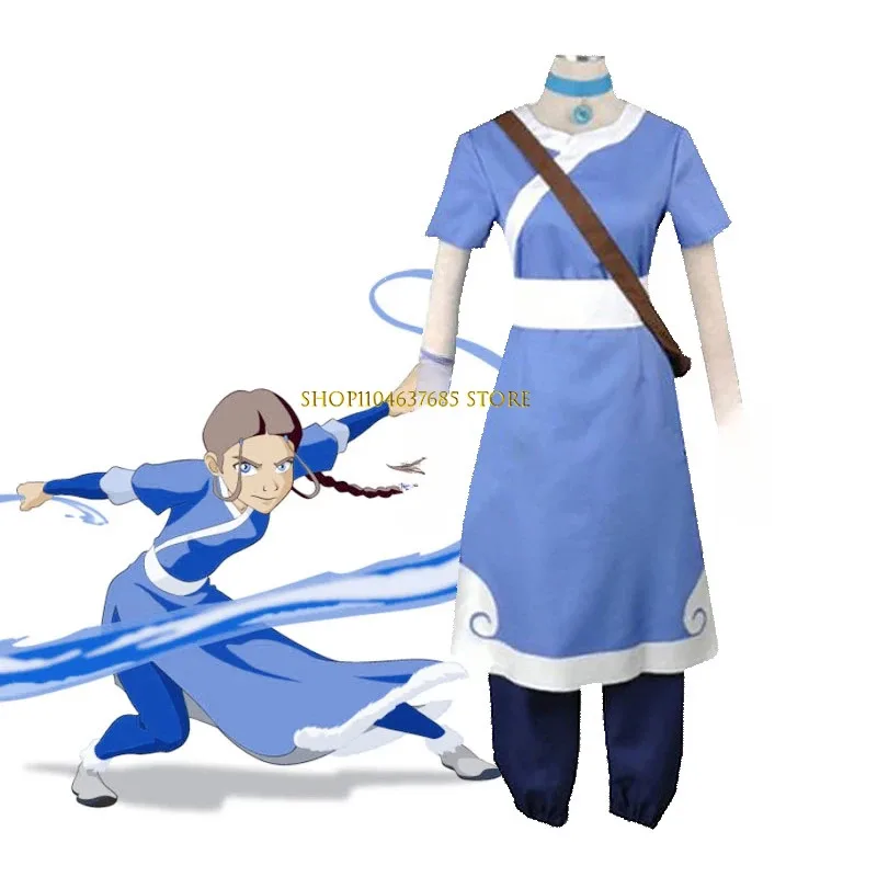 Anime Katara Cosplay Blue Long Dress Costumes Avatar The Last Airbender Cosplay Costumes Halloween Female Suit Set Clothing