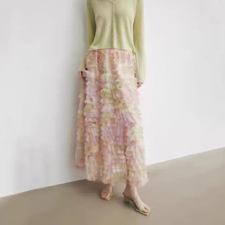 

New Women's Pleated Mesh Skirt 2026 Spring Summer High-waisted A-line Loose Layered Cake Skirts