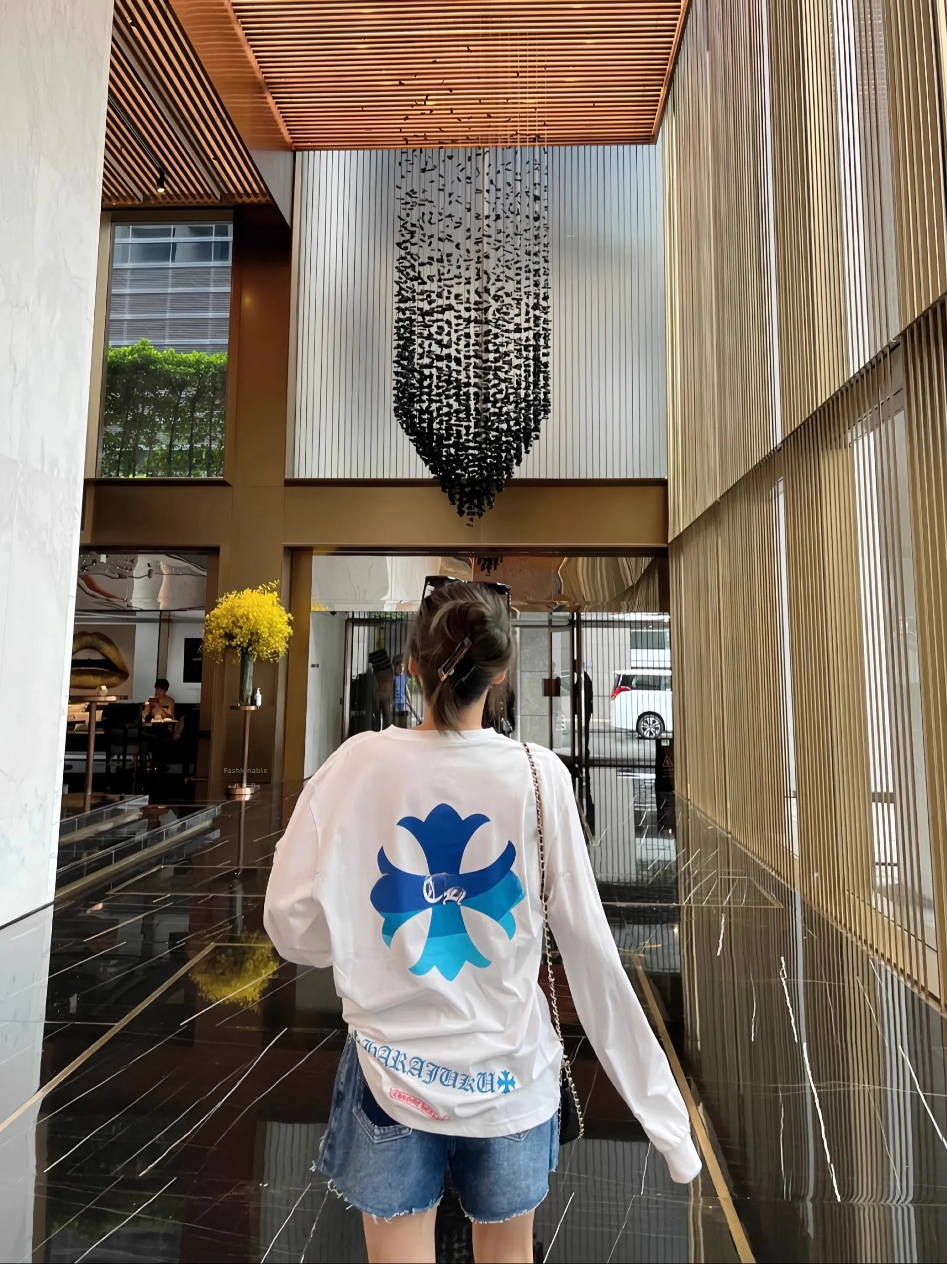 Camiseta larga holgada Sve para mujer, Top informal holgado de algodón con estampado azul de Sanskrit cruzado para ir al trabajo en verano