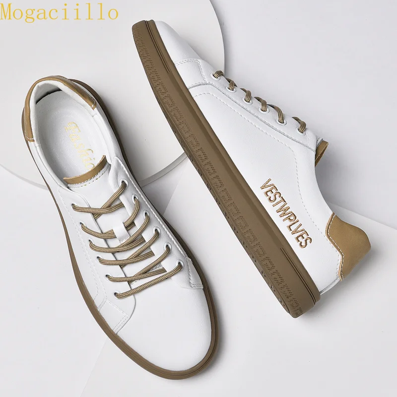White Gray Tone Flat Sneakers Fashion Durable Outer Sole City Daily Travel Shoes Outdoor Men's Genuine Leather Casual Shoes