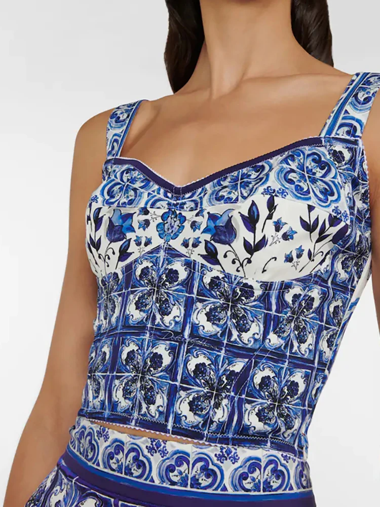 Seasixiang Fashion Designer Summer Women Backless Blue and White Porcelain Print Short Cotton Camis Tops