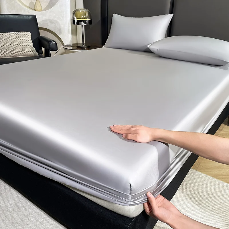 1pc Silky Lyocell Fitted Sheet Deep Pocket Mattress Cover With All-around Elastic Band Light Grey Home HotelSheet Drop Ship