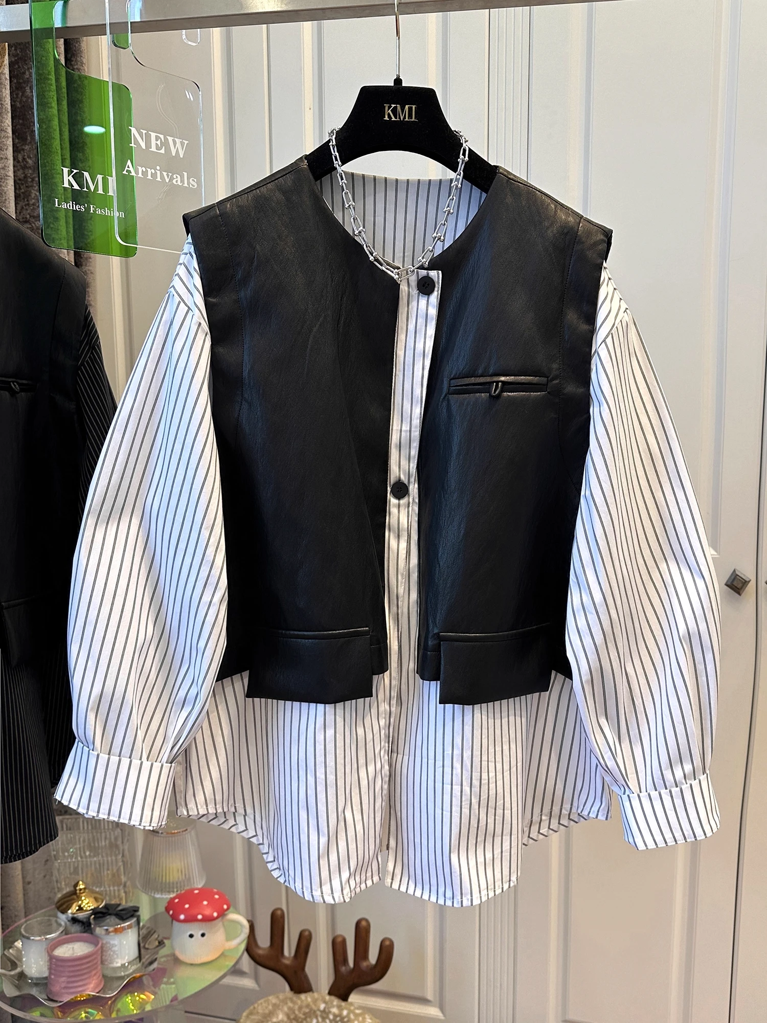 

Loose ex Striped PU Leather Svel irt Spring Autumn Sle Youthful Breathable Long Sve Button up Top