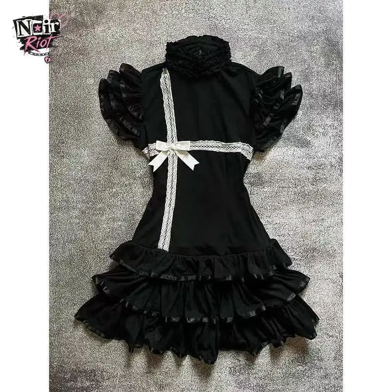 Niche Gothic Dark Sweet Lace Ruched 2 Piece Set Women Ruffle Hem Sling Dress + White Crop Knit Cardigan Party Date Night Outfit