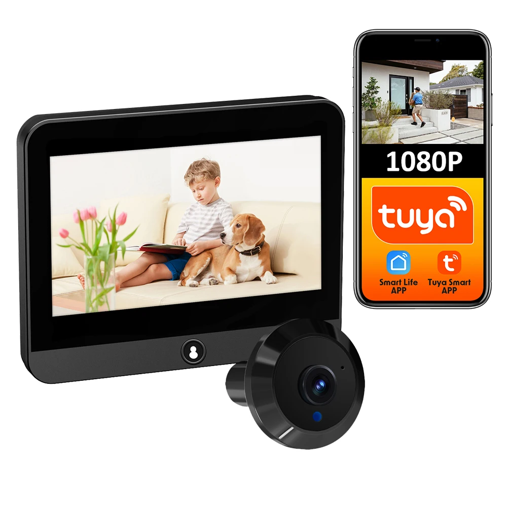 Mini tuya inteligente sem fio 1080p bateria digital olho mágico campainha câmera wi fi detecção olho de gato mágico visão noturna 4.3 "monitor