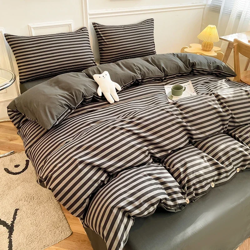 Black And Grey Stripes 4 Pieces Button Closure Duvet Cover Set Soft & Easy Care Bedding Comforter Covers with Ties for Women Men