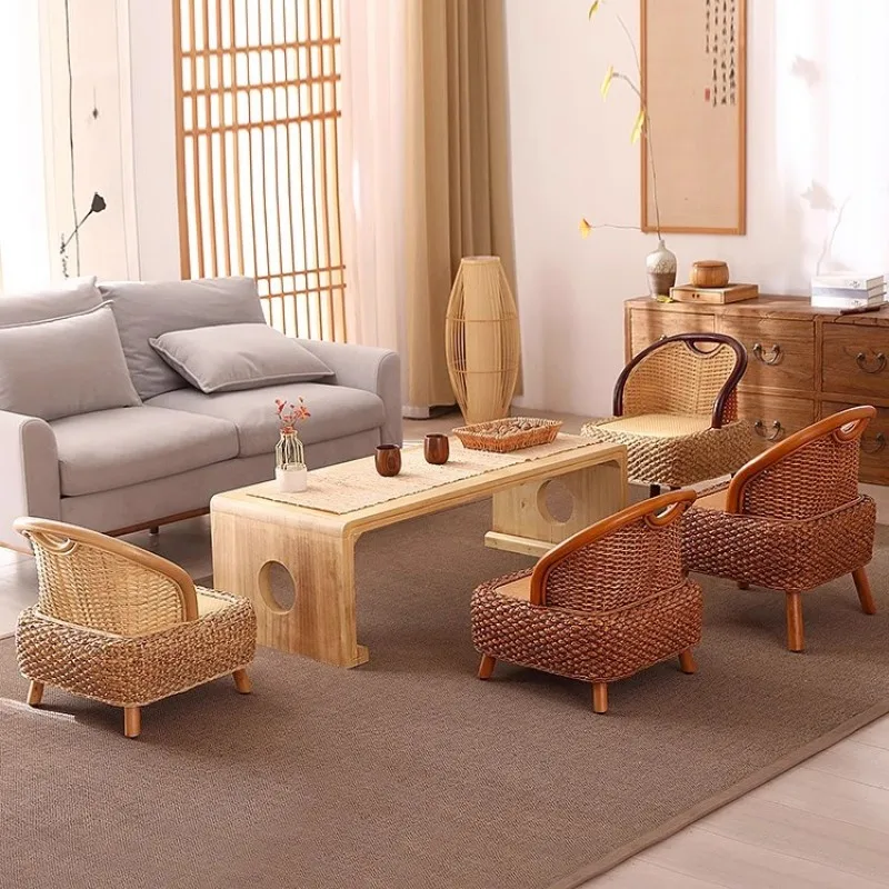 Handmade Straw&Rattan Woven Chair Japanese -style Armchair Zaisu Legless Floor Chair with Ergonomic Backrest Home Furniture