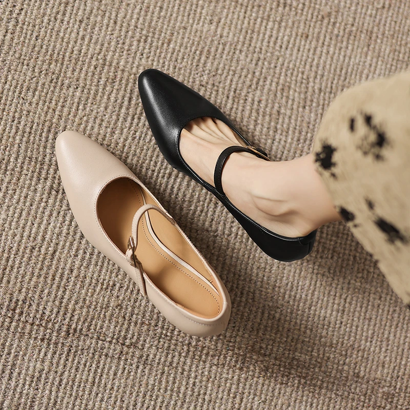 2026 new spring autumn women pumps natural leather plus size 22-26cm cowhide+pigskin pointed toe buckle mary janes women shoes