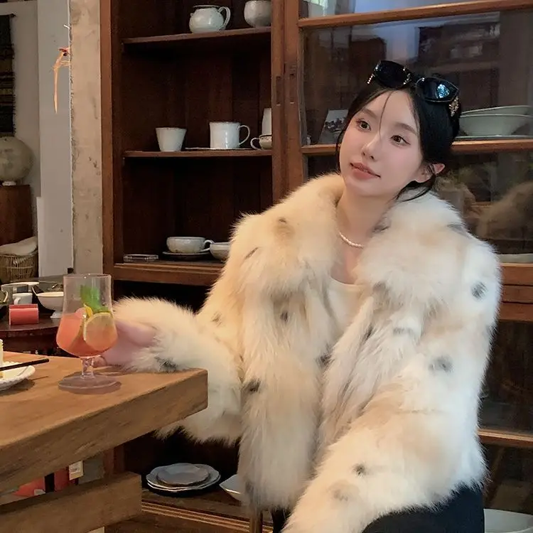 Women Leopard Printed Imitation Faux Fox Fur Coat Faux Mink Fur Bomber Jacket Short Turn Down Collar Furry Parka Cardigan Tops
