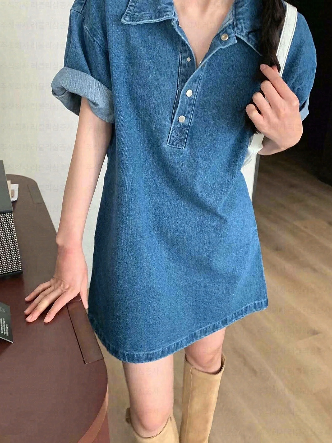 Casual Polo Collar Denim Mini Dress 2026 Summer Solid Blue X-Line Office Lady Long Sleeve Dress