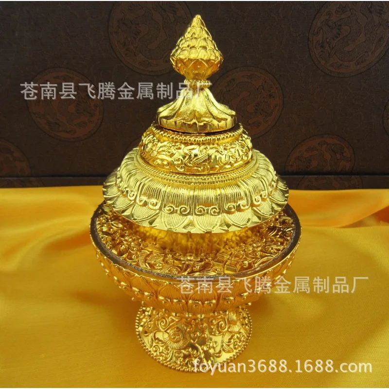 New Eight Auspicious Symbols Gold-Plated Three-Tier Rice Box for Worship and Display