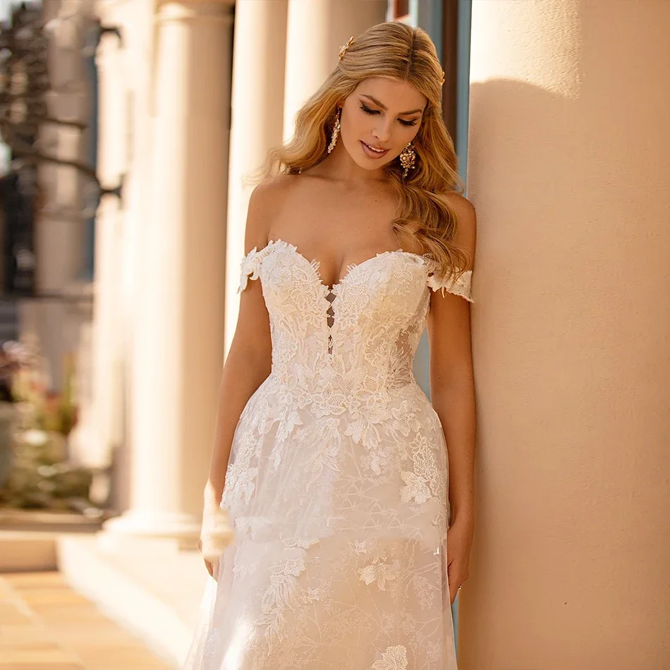 Flavinke Personalizzato A-Line Abiti da sposa Donna Sweetheart Cap Sleeve Appliques Paillettes Flowy Abito da sposa Abiti da sposa