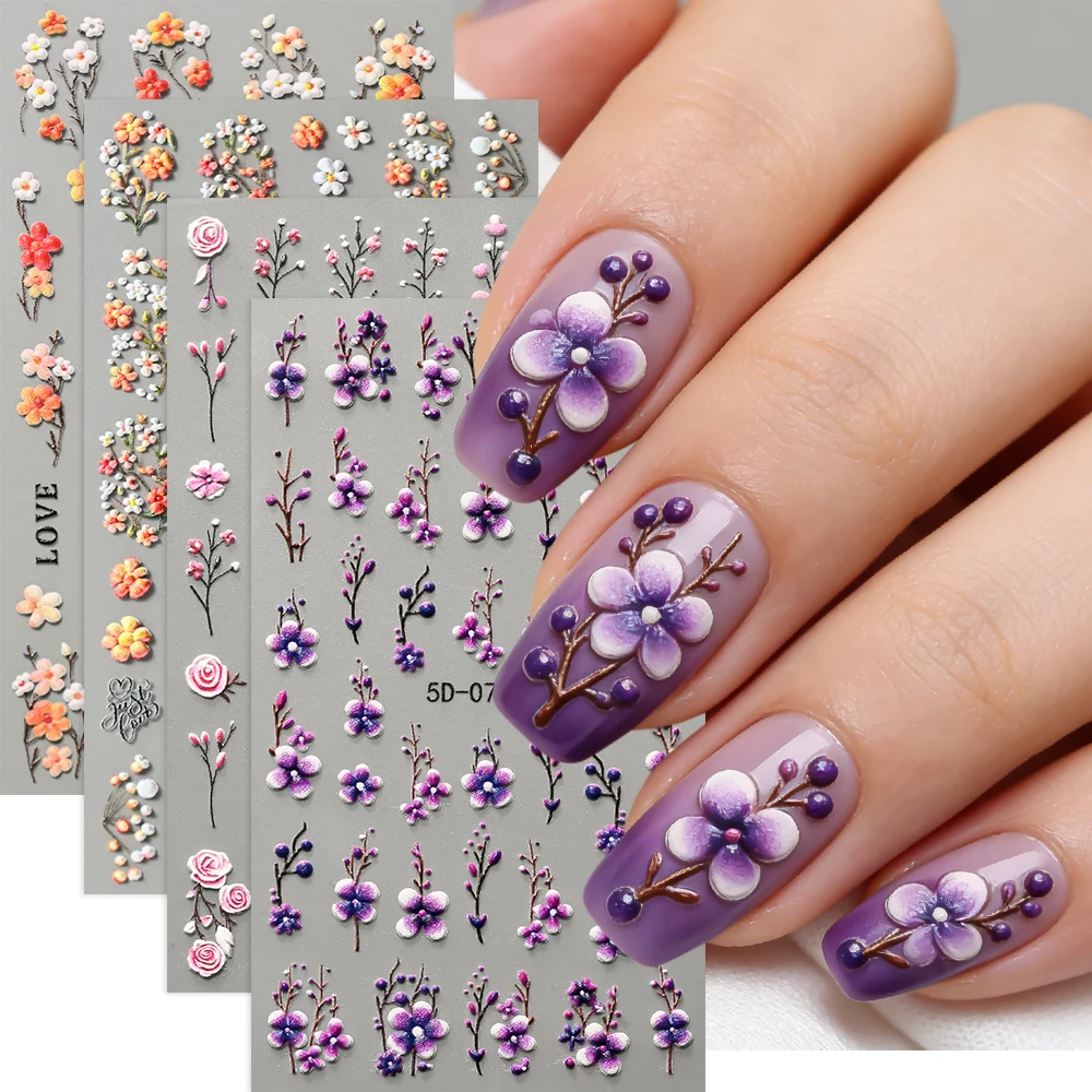 1/4pcs Purple Plum Blossom Orange Flower Nail Stickers 5D Embossed Colorful Spring Self-adhesive Floral Nail Decals DIY Nail Dec