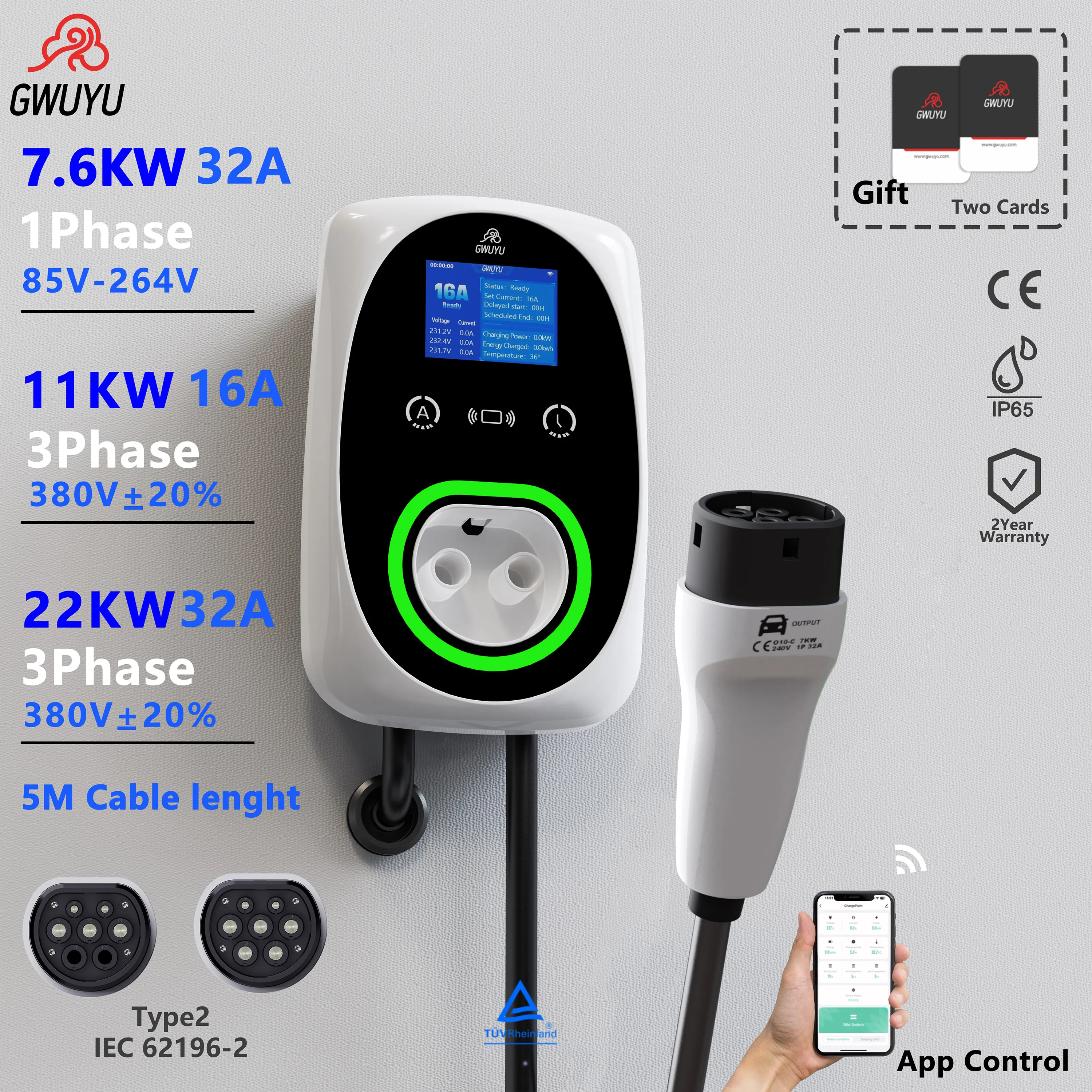 Stazione di ricarica a parete GWUYU per veicoli elettrici, 3 fasi, 11KW 16A, 22KW 32A, Tipo 2/7.6KW/32A, con cavo da 5M, controllo tramite APP, ricarica ritardata, display LCD, impermeabile IP65, per