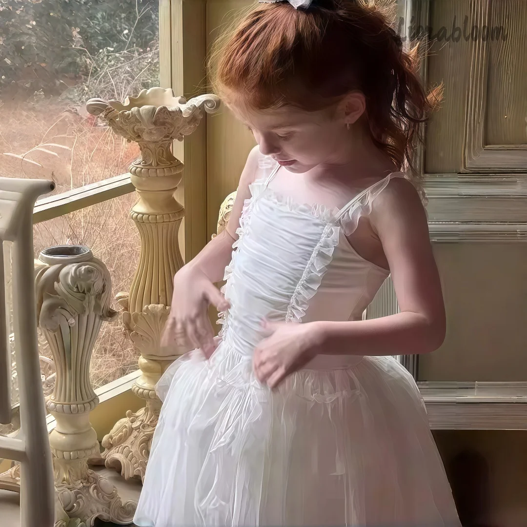 White Spaghetti Strap Tulle Flower Girl Dress Layered Princess Style Flower Girl Gown Full Skirt Party Dress Wedding Attire