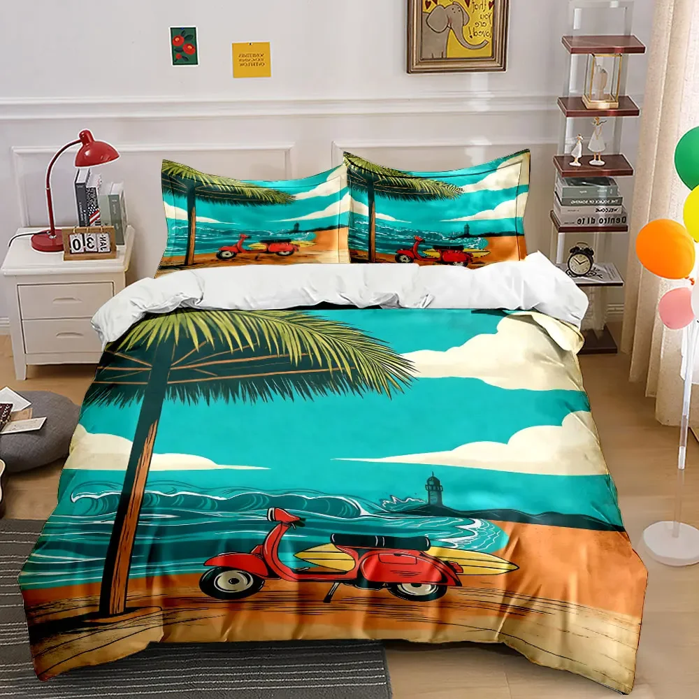 Beach Scooter Summer Decor Soft Comfortable Duvet Cover Bedding Set Included 1*Duvet Cover & 2*Pillowcases, gift