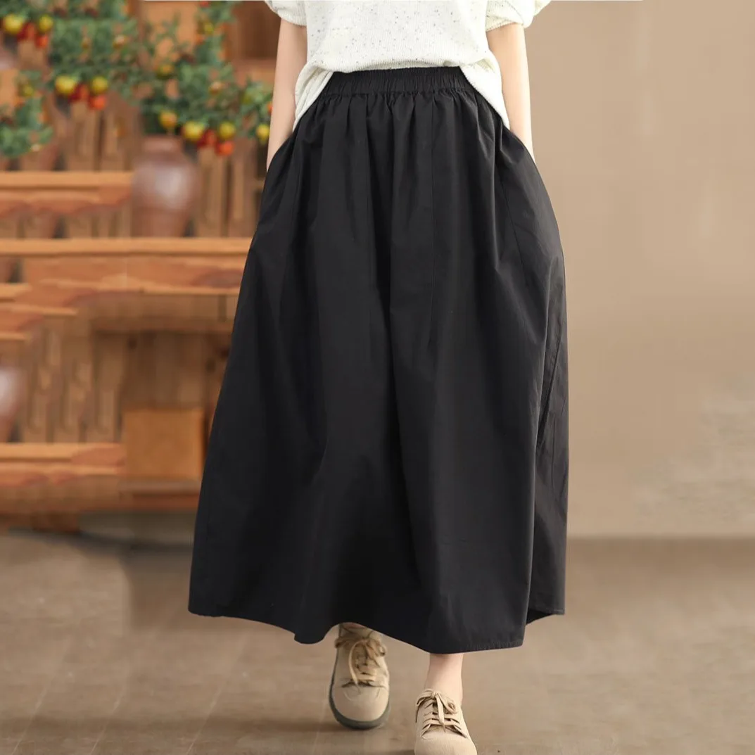 블랙 코튼 A라인 스커트 여성용 루즈 플레어 미디 스커트 빈티지 스타일 출퇴근용 중간 허리 순색 비즈니스 캐주얼 스커트