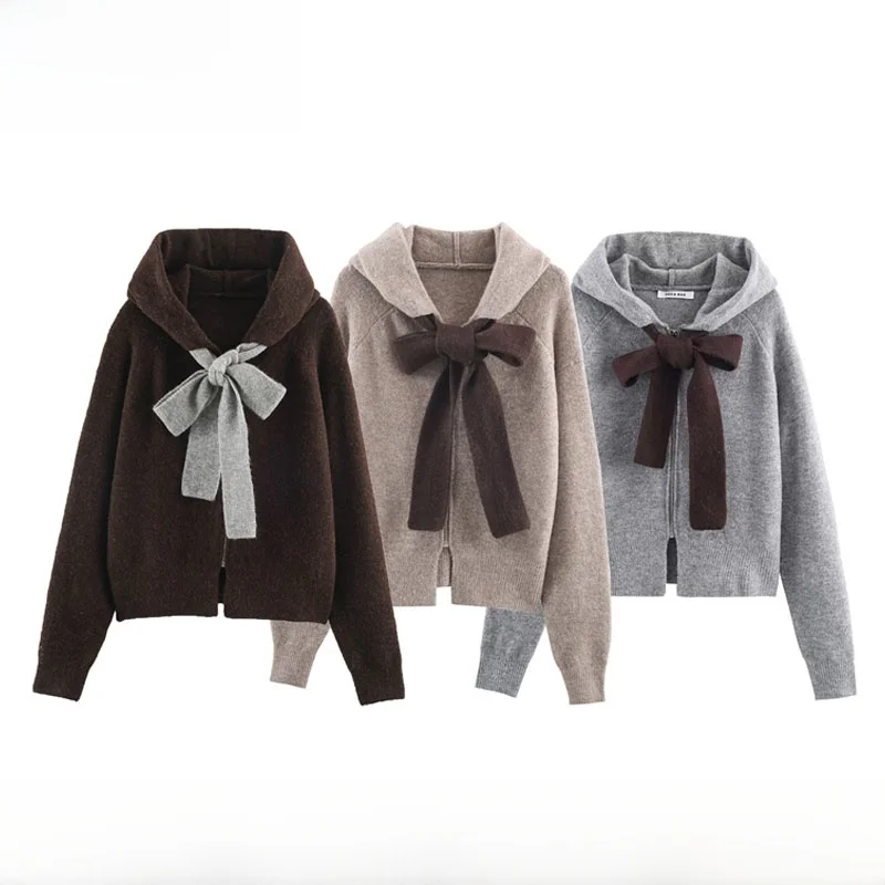 Autumn Winter New Arrival Women's Knitted Long Sleeve Hooded Coat  Knot Warm Polyester Fiber College Style Loose Fit