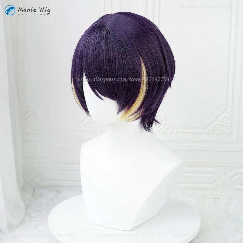 ES Shinobu Sengoku الظلام تأثيري الباروكات 30 سنتيمتر الأرجواني الأصفر مقاومة للحرارة الاصطناعية الشعر أنيمي + غطاء شعر مستعار vc5;'6gh,;