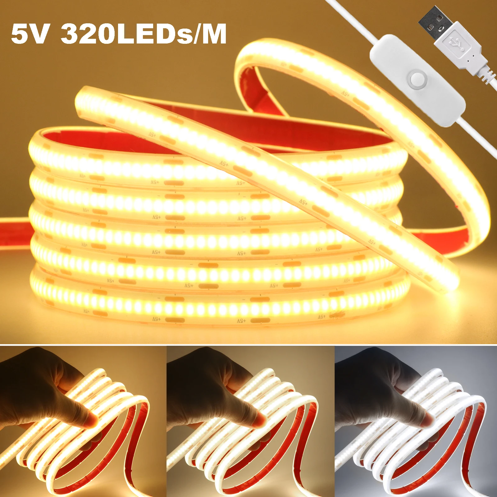 

Super Bright USB DC 5V COB LED Strip Light IP68 Waterproof 320Leds/m with Push Switch 1m 2m 3m 4m 5m Bedroom Kitchen Lighting