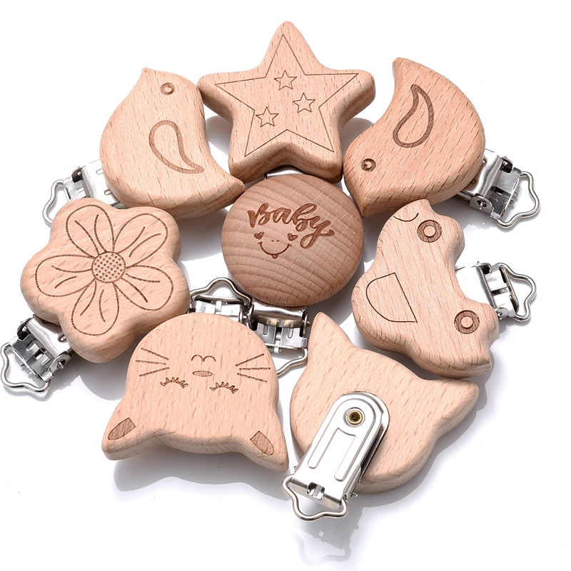 5Pcs/Lot Baby Pacifier Clip Holder Soother Pacifier Flower Animal Shape Infant Dummy Clips for Baby Wooden Feeding Accessories