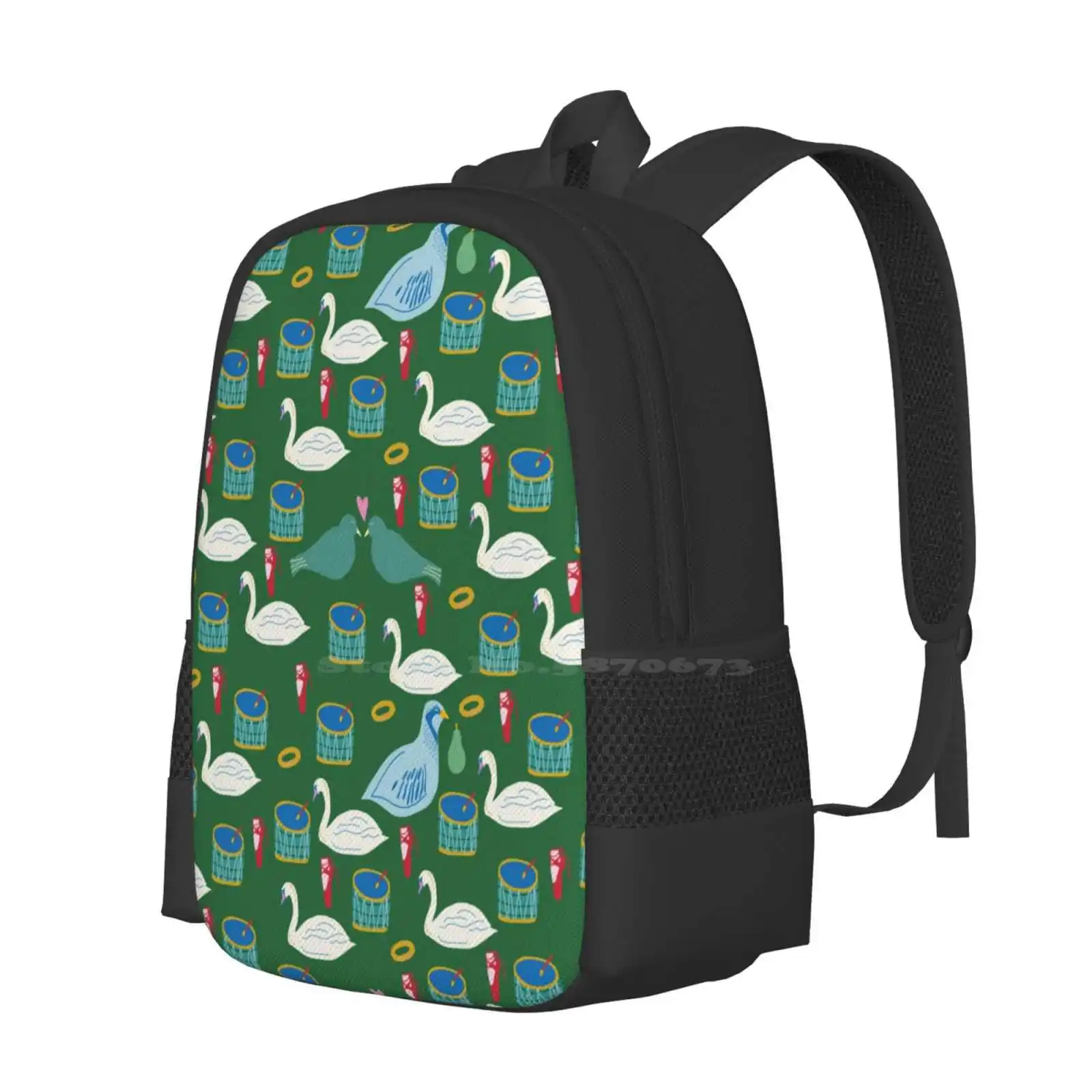 Green Days Of Christmas Partridge, Swan Drums Ballet Turtle Dove Hot Sale Schoolbag Backpack Fashion Bags 12 Day Christmas Swan