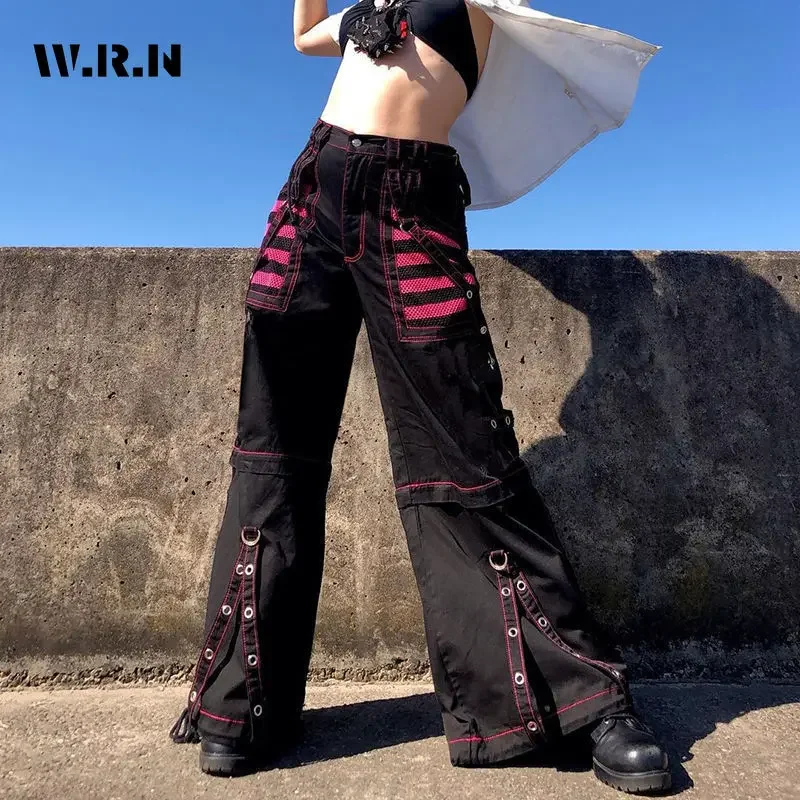 American Vintage Emo Casual 2000s Jeans Women Belt Design Straight Pants Baggy Y2K Wide Leg Grunge Street Striped Denim Trouser