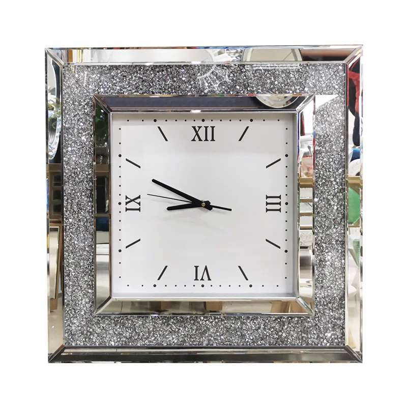 Luxury Diamond Wall Clock Modern Design Big Size Creative Silent Silver Glass Large Mirror Clocks Wall Home Decor Living Room