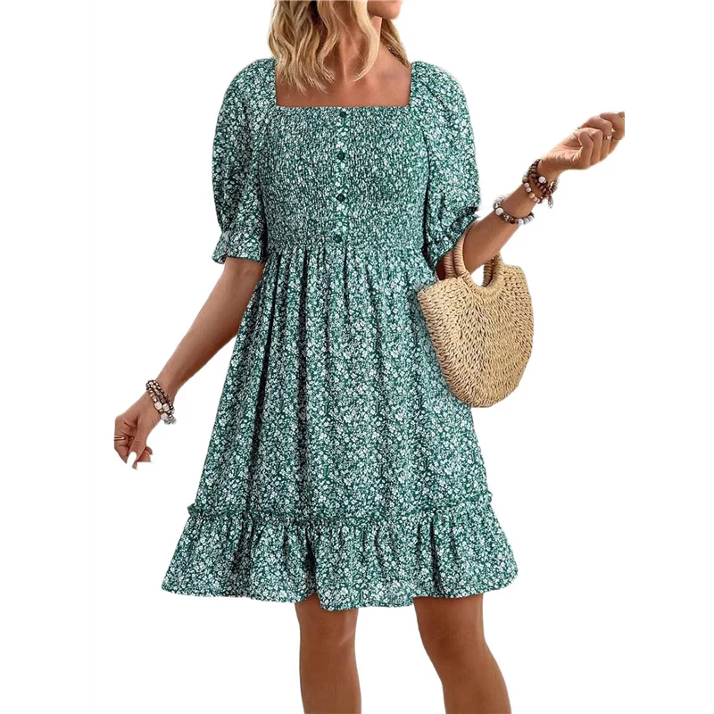 NUOVI-Vestiti estivi casual da donna Manica corta Collo quadrato Smocked Boho Floral Sundress Flowy A-Line Mini abito