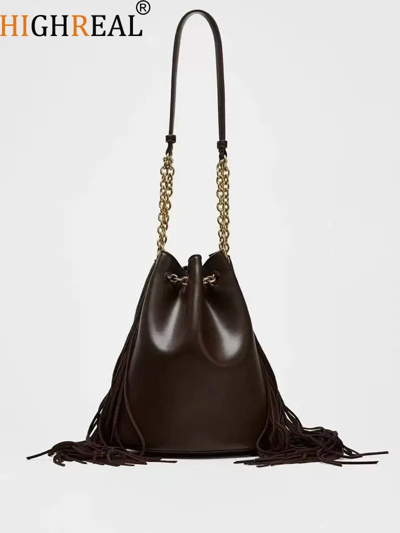 Fashion Tassel Bucket Bag Chains Drawstring Bags For Women Shoulder Bag PU Leather Handbag Ladies High Quality Purses New Tote