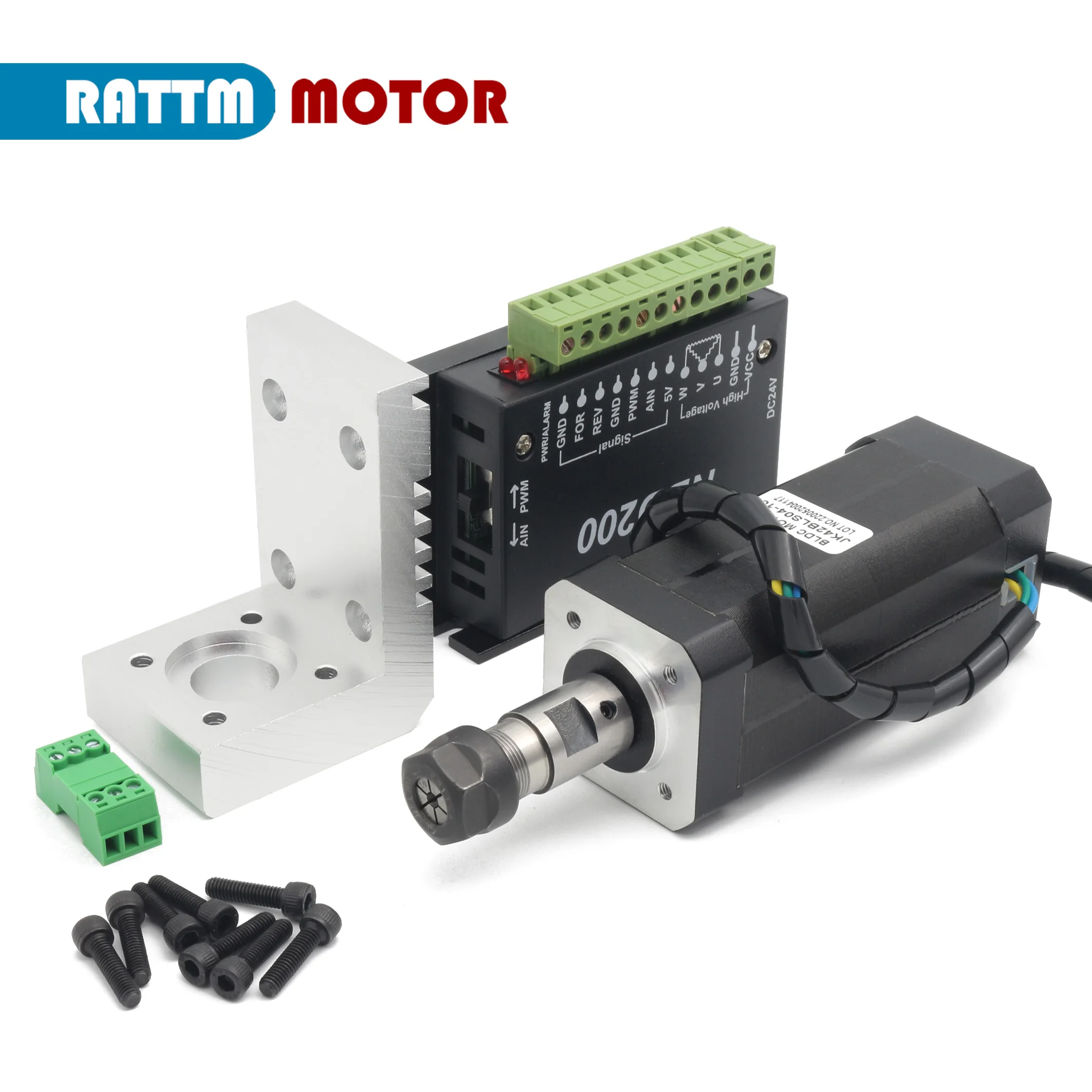 

104W 24VDC Motor Air Cooled Brushless Spindle Motor 42MM ER8 + NBD200 Driver Support Analog Variable Speed + Motor Clamp Bracket