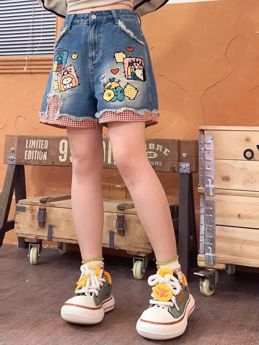 

Женские джинсовые шорты с мультяшным принтом, лето 2025, с высокой талией, широкие штанины, синие, хлопковые, повседневные, с лоскутным дизайном