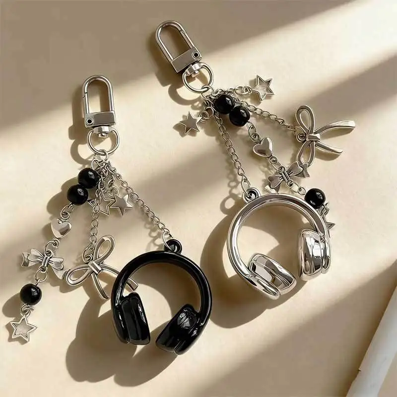 Ins Cool Music Headphone Keychain Phone Strap Bag Charm Sweet Unique Design Pendant for Earphone Case Trendy Alloy Key Ring