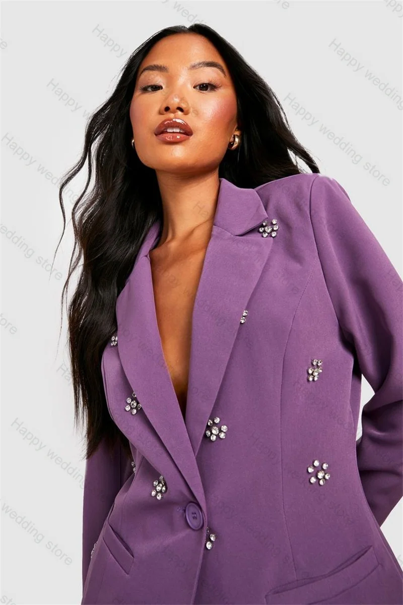 Purple Crystals Women Suit Set Blazer+Short Pants 2 Pieces Formal Wedding Tuxedos Custom Made Jacket Red Carpet Outfit Coat