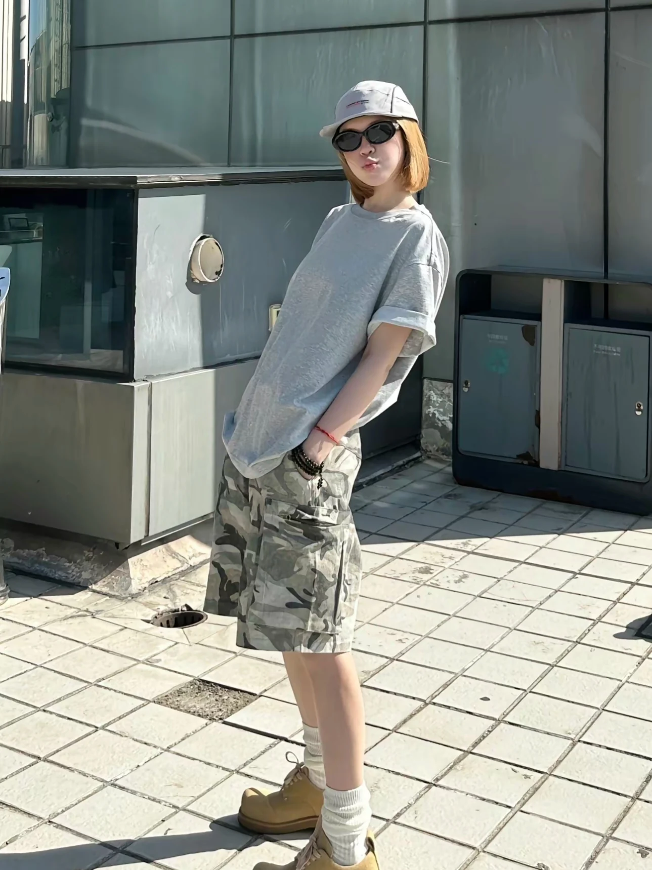 

American High Street Camouflage Shape Accordion Bag Workwear Shorts Men Women Summer Trendy Design Five-Quarter Pants