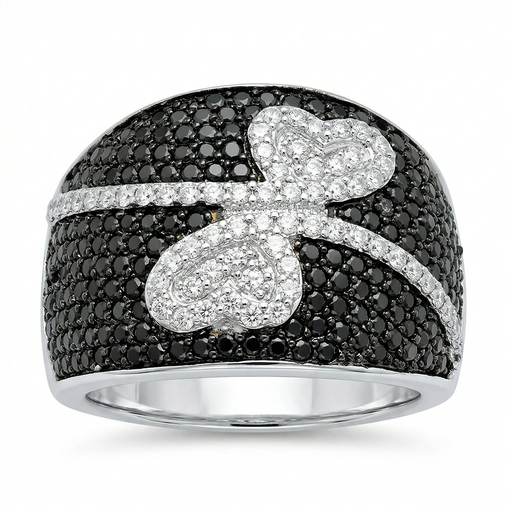 YLMyself Black Heart Ring Bling Jet & White Zircon Wide Band Romantic Women Jewelry Gift
