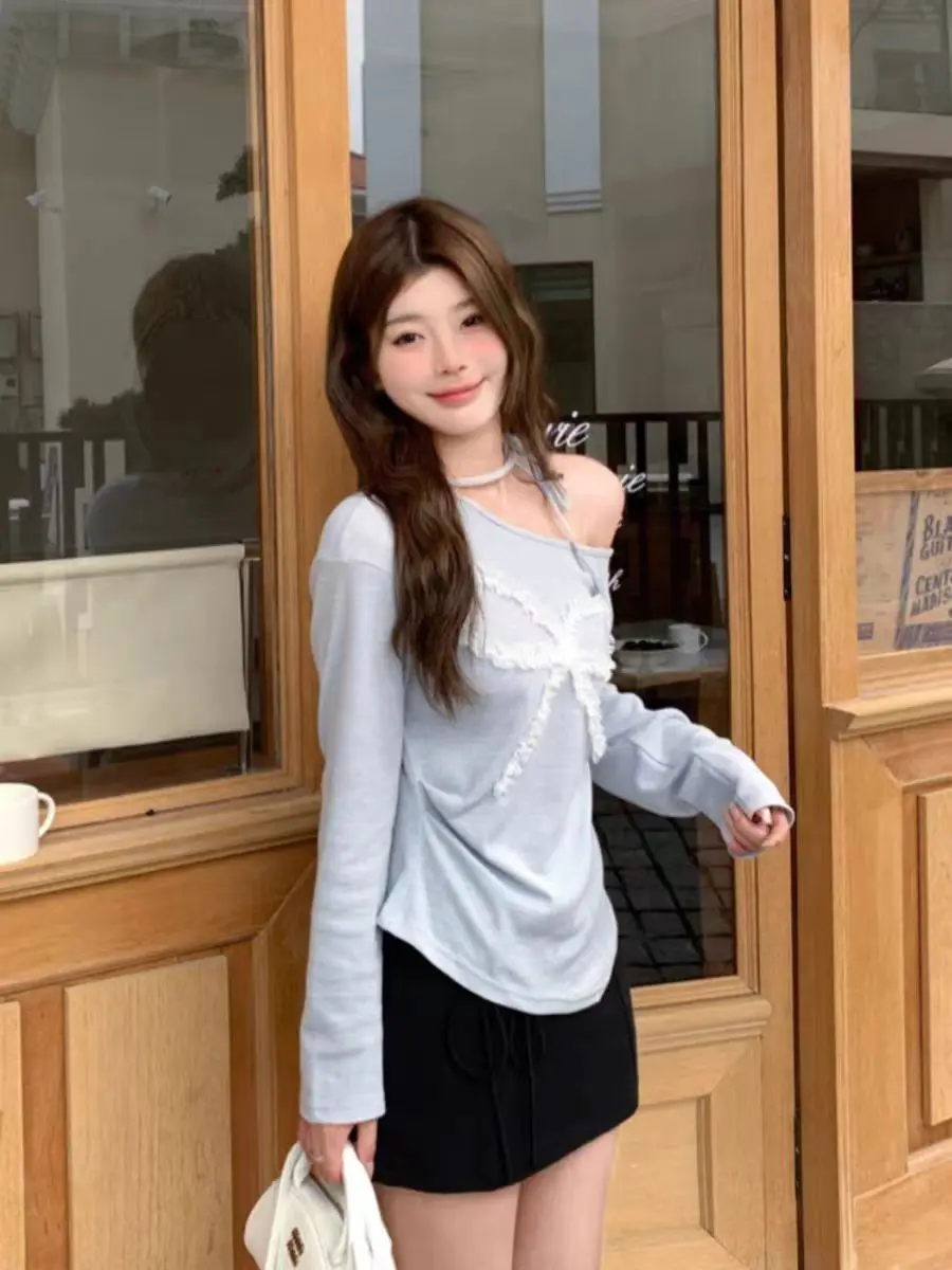 

Long Sleeved T Shirts Woman Cotton Womens Spring Girls Edge Ribbon Waist Urban Feminine Sleek Lady Artistic Layered Subtle Soft