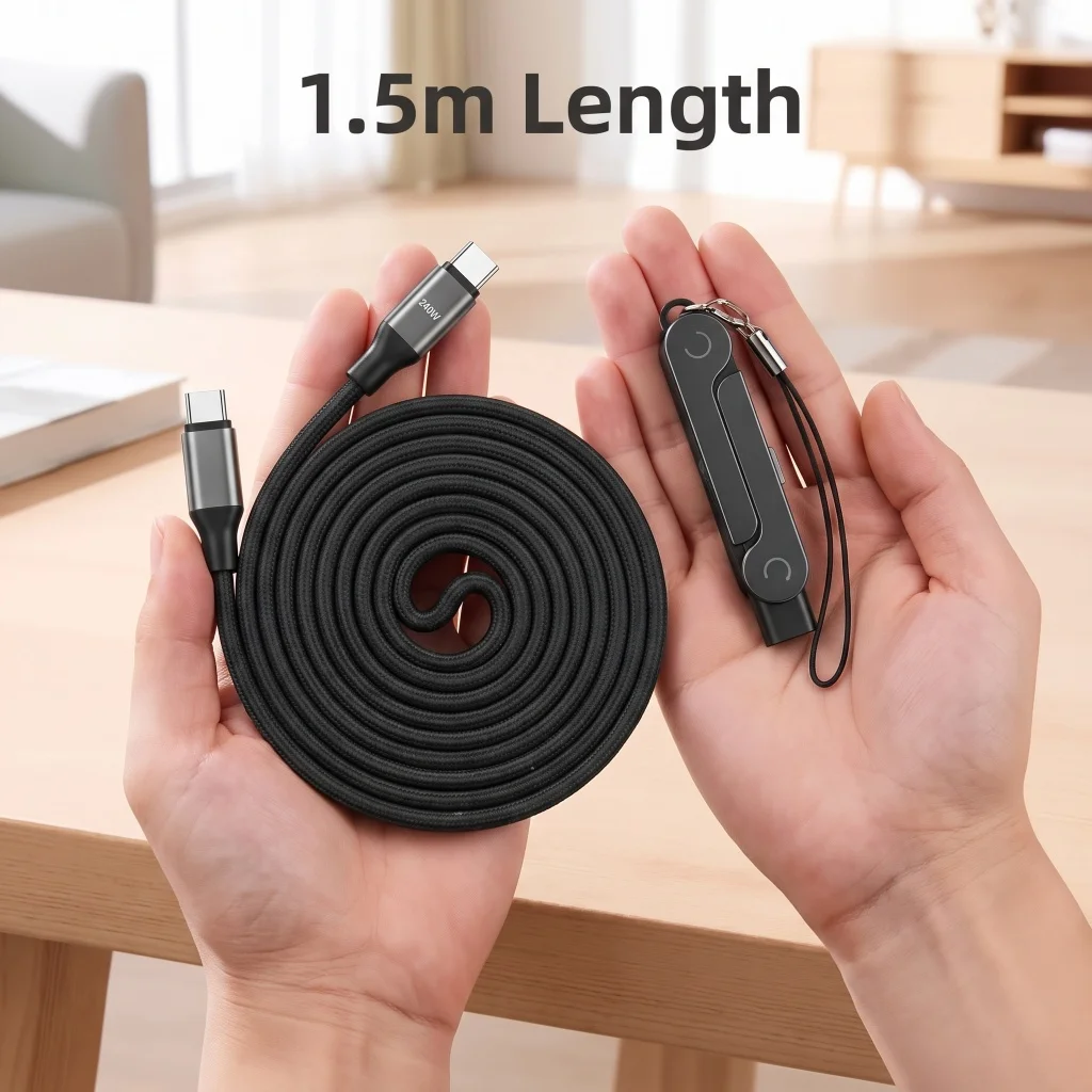 240W USB C to USB C Fast Charging Cable 1.5M Black Braided Detachable Phone Stand Type‑C Charger Cord Support Play While Charging For Watching Videos Browsing Phone Compatible With Type‑C Smartphones Tablets Digital Devices
