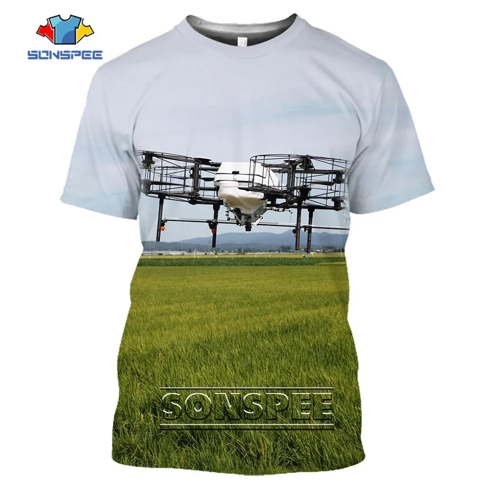 SONSPEE Agricultural Drone Pattern 3D Printed Casual Quadcopter Racing Original Collar T-shirt Men Women Punk Hip-hop Farm Tops