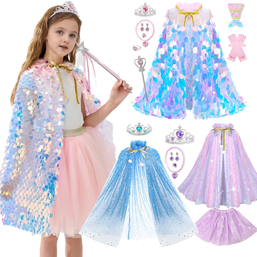

Little Mermaid Cosplay Costume Sequin Cloak Princess Fish Scale Glitter Cape Girl Crown Necklace Halloween Accessories Props Set
