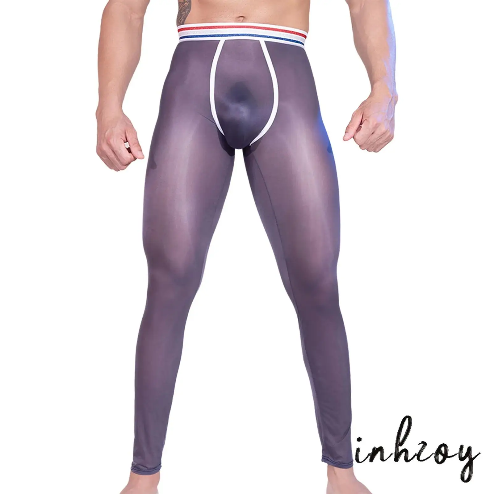 

Men See-Through Mesh Glossy Leggings Elastic Striped Waistband Bulge Pouch Skinny Pants for Sports Workout Gym Fitness