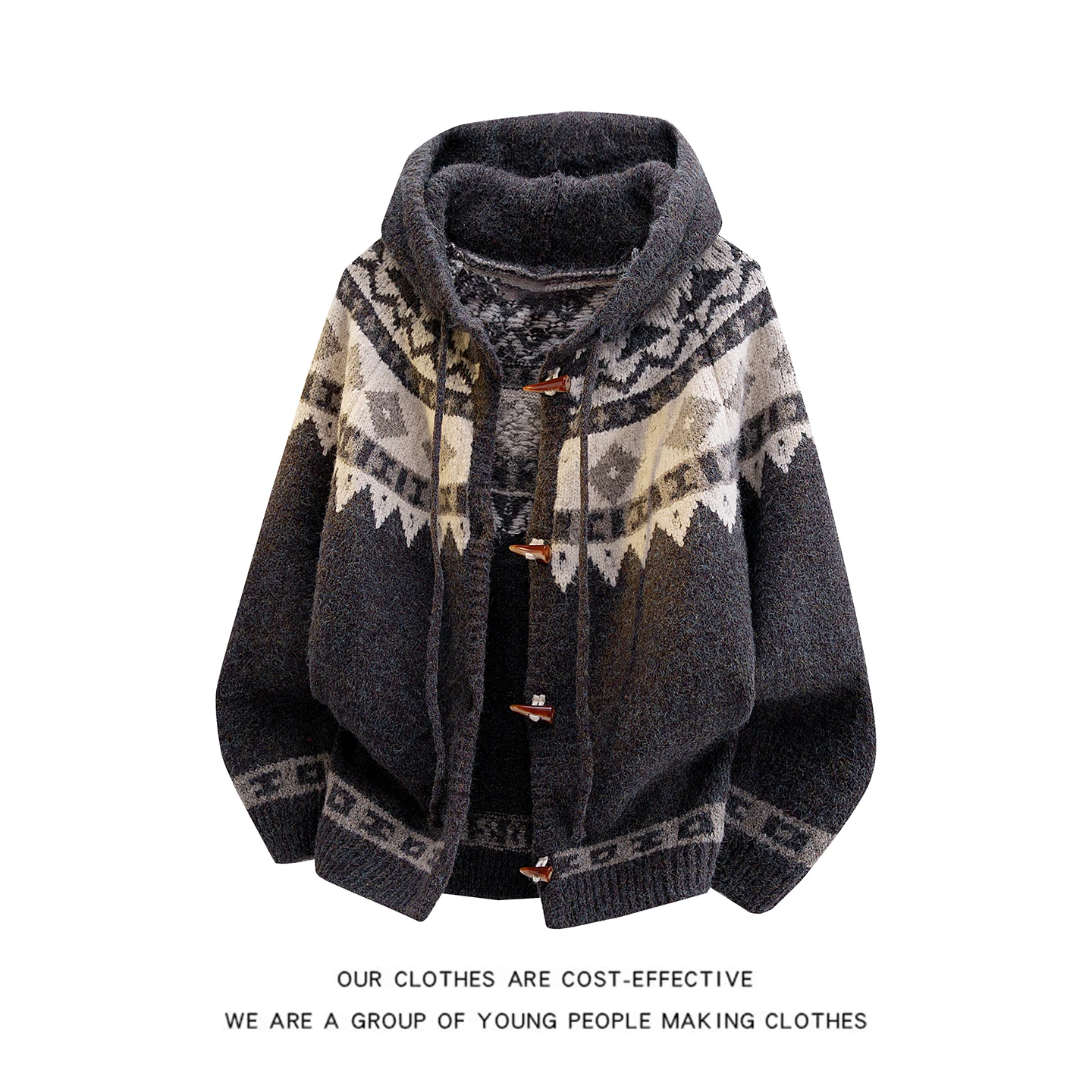 Retro Fair Isle Knitted Sweater Thickened Casual Lazy Button Cardigan Hoodie Outerwear for Couples Men Women Spring Autumn
