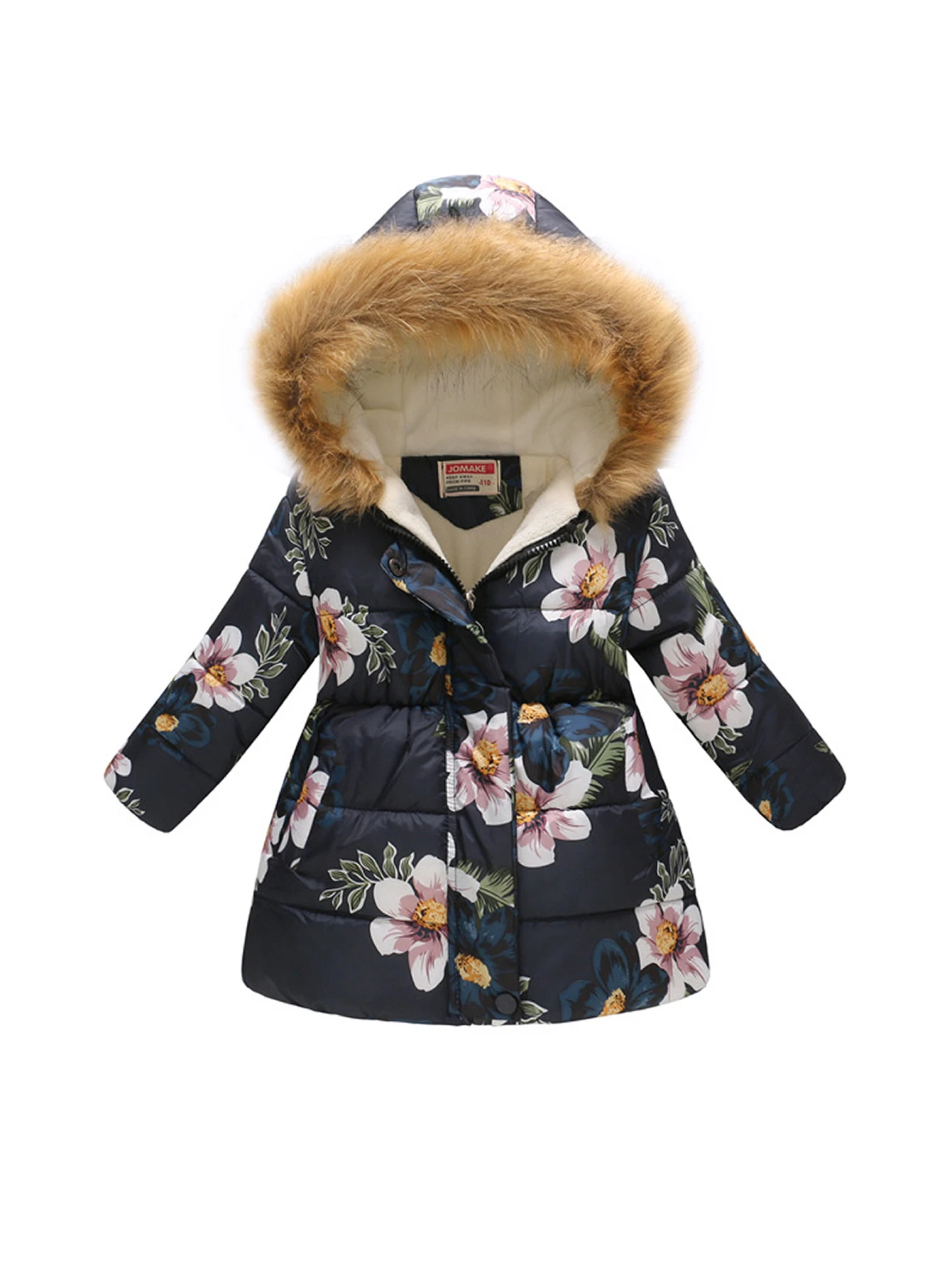 Warm & Stylish: Girls\' Warm  Coat with Flower Print & Fleece Hood - Perfect for Winter!