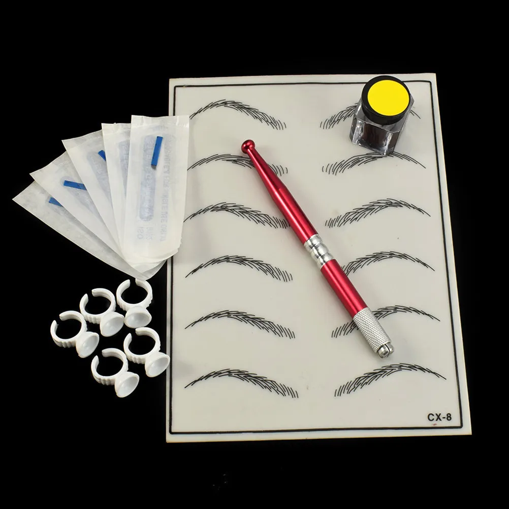 

Red Microblading Manual Set 3D Practice Skin Pigment Ink Finger Rings Permanent Eyebrow Tool Kit for Eyebrow Lip Liner Tattooing