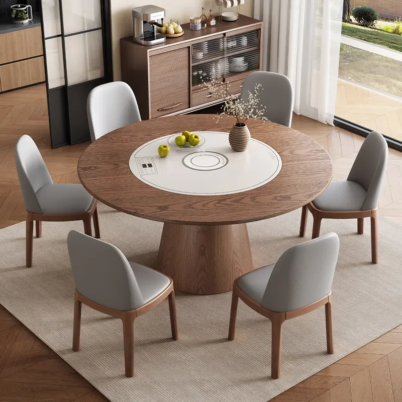 for Medieval Solid Wood Round Dining Table with Embedded Warmer Turntable Induction Cooker Simple Household Ash Wood Dining
