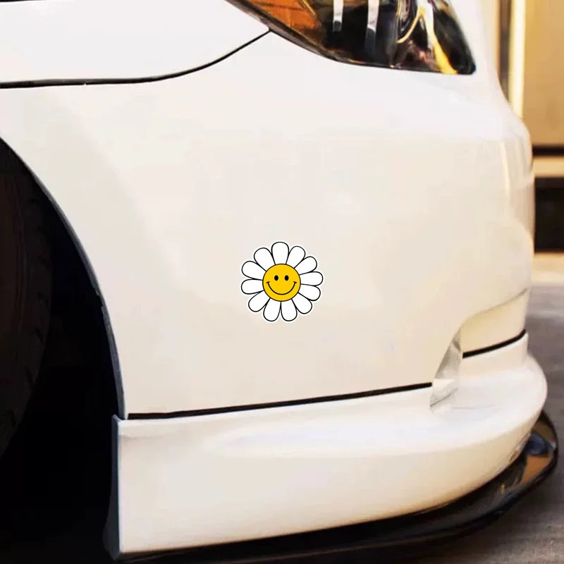 1 قطعة لطيف ابتسامة زهرة الأقحوان ملصق بتلات بيضاء مركز أصفر لاصق مائي لسيارة الكمبيوتر المحمول الهاتف ديكور