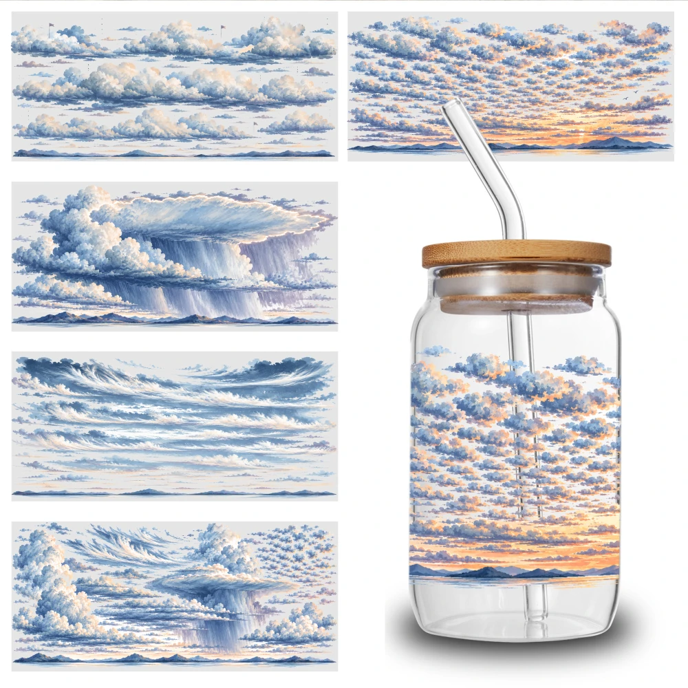 5 Sheets Cloudscape UV DTF Stickers Glass DTF Transfer Stickers Plastic Self-Adhesive Labels Waterproof Rub on Transfers