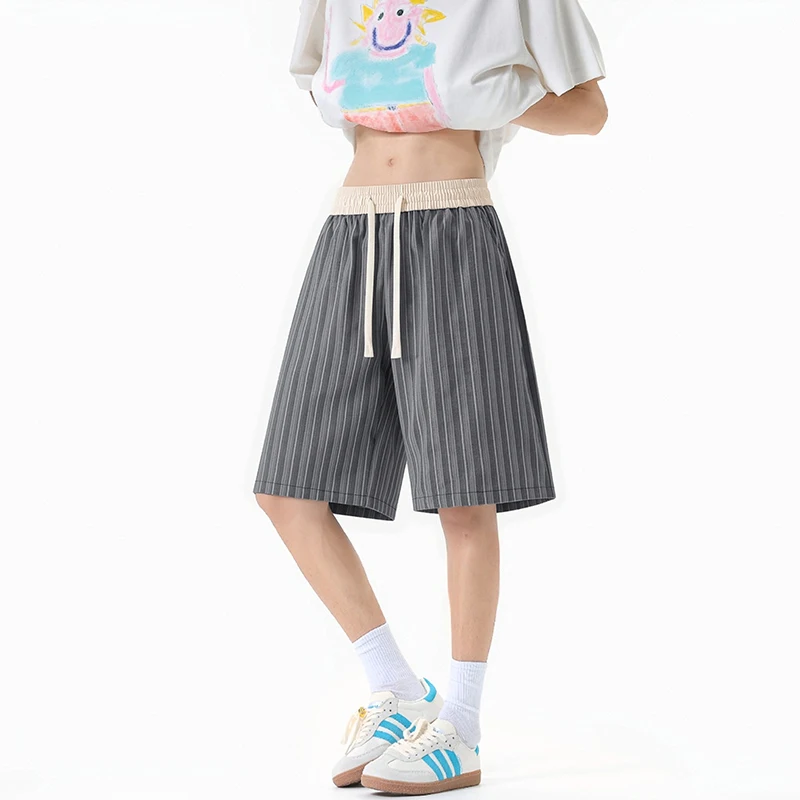 2026 Summer Men's Fashion Casual Striped Shorts - Korean-style Retro Versatile Slim-Fitting Wide-Leg Shorts